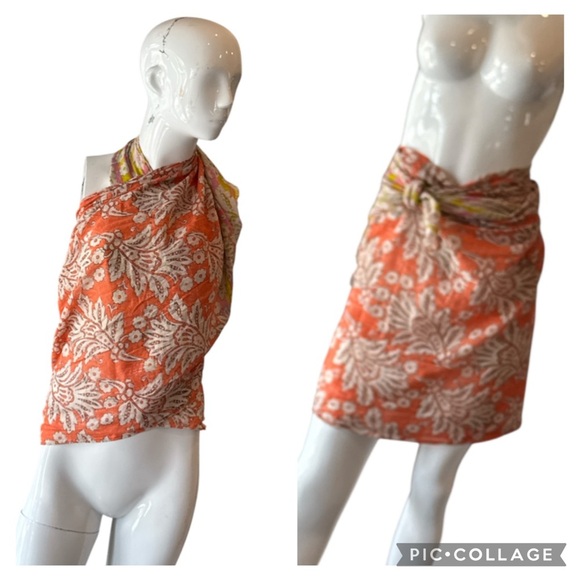 Loft Orange & Pink Multi Floral Cotton Scarf Sarong or Halter Top - Picture 11 of 13